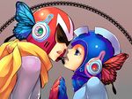  bad_id bad_pixiv_id blue_eyes blues_(rockman) butterfly_wings eye_contact face-to-face headset helmet looking_at_another magnet_(vocaloid) male_focus microphone multiple_boys open_mouth rockman rockman_(character) rockman_(classic) scarf vocaloid wings yaoi zakki 