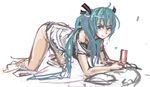  :3 all_fours aqua_eyes aqua_hair bare_legs cellphone commentary english_commentary hair_ornament hatsune_miku long_hair naked_shirt off_shoulder panties panties_(pantsu-pirate) phone shirt sketch solo twintails underwear vocaloid 
