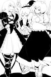  animal_ears bracelet floating greyscale hat hijiri_byakuren jewelry kirisame_marisa leaf long_hair mirror monochrome multiple_girls nekobatake short_hair skirt stage_connection symposium_of_post-mysticism touhou toyosatomimi_no_miko v witch_hat yasaka_kanako 