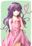  arms_behind_back braid dress hanyuu heart highres higurashi_no_naku_koro_ni long_hair looking_at_viewer neen pink_dress polka_dot polka_dot_background purple_eyes purple_hair solo 