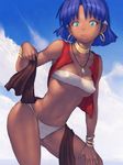  aqua_eyes bare_shoulders blue_eyes blue_hair bracelet breasts contrapposto covered_nipples dark_skin earrings fumio_(rsqkr) fushigi_no_umi_no_nadia jewelry leaning_forward looking_at_viewer nadia neck_ring panties short_hair small_breasts solo standing strapless tubetop underwear vest 
