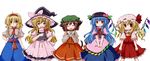  :d :t ^_^ alice_margatroid animal_ears blonde_hair blue_hair bow brown_eyes brown_hair capelet cat_ears cat_tail chen closed_eyes dress flandre_scarlet food fruit futami_yayoi hat hat_bow hat_ribbon highres hinanawi_tenshi jewelry kirisame_marisa long_hair multiple_girls open_mouth peach pout ribbon side_ponytail simple_background single_earring smile tail touhou white_background white_bow wings witch_hat yellow_eyes 