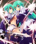  aqua_eyes aqua_hair boots breasts dress electricity gloves hair_ornament hairclip holding_hands interlocked_fingers kaitou_tenshi_twin_angel kouzu_shou long_hair looking_at_viewer medium_breasts multiple_girls nine_violet short_hair short_shorts shorts siblings sisters smile sword tesla_violet twin_angel underboob weapon 