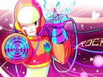  ;d androgynous android bad_id bad_pixiv_id blue_eyes cable copyright_name crashman damaged drill dual_wielding electricity foreshortening gem heart helmet holding looking_at_viewer male_focus microphone one_eye_closed open_mouth purple_background rockman rockman_(classic) rockman_2 smile upper_body zakki 