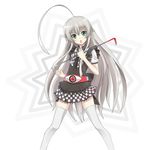  ahoge bad_id bad_pixiv_id belt checkered checkered_skirt crowbar dress famepeera green_eyes haiyore!_nyaruko-san huge_ahoge kamen_rider long_hair nyarlathotep_(nyaruko-san) silver_hair skirt thighhighs 