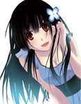  bad_id bad_pixiv_id bare_shoulders black_hair blush breasts cleavage dress dutch_angle flower hair_flower hair_ornament hydrangea long_hair looking_at_viewer medium_breasts open_mouth rea_(atasito) red_eyes sanka_rea sankarea simple_background smile solo 