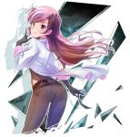  ass belt brown_eyes brown_hair commentary feathers heterochromia highres iesupa long_hair multicolored_hair neo_(rwby) pants pink_eyes pink_hair rwby solo two-tone_hair 