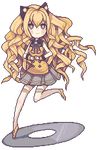  animal_ears bare_shoulders blonde_hair blue_eyes blush bow bowtie cd chibi curly_hair full_body hands_together leg_up long_hair lowres own_hands_together pixel_art seeu skirt smile solo symbol-shaped_pupils thighhighs transparent_background very_long_hair vocaloid white_legwear zettai_ryouiki 