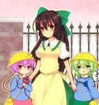  alternate_headwear apron bad_id bad_pixiv_id bag blush bow brown_hair child fence furapechi green_eyes green_hair hair_bow hat heart holding_hands kindergarten_uniform komeiji_koishi komeiji_satori long_hair multiple_girls open_mouth pink_hair red_eyes reiuji_utsuho school_hat shirt short_hair shoulder_bag siblings sisters skirt smile third_eye touhou younger 