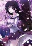  absurdres black_hair cherry_blossoms copyright_request dress highres karory long_hair purple_eyes solo tree wind wind_lift 