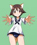  animal_ears brown_eyes brown_hair collarbone incoming_hug military military_uniform miyafuji_yoshika outstretched_arms school_swimsuit short_hair simple_background smile solo strike_witches swimsuit swimsuit_under_clothes tail tokiani uniform world_witches_series 