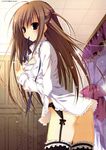  absurdres ass bed brown_hair canopy_bed copyright_request frills garter_belt hair_ribbon highres inugami_kira lace lace-trimmed_thighhighs mouth_hold no_panties purple_eyes ribbon solo thighhighs undressing 