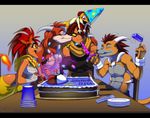  baby birthday blue_eyes cake canine cups eyes_closed eyewear family father female food glasses houndoom hybrid knives lizard male mammal mother nintendo parent party party_hat plates pok&#233;ball pok&#233;mon red_eyes reptile scalie scrafty scraggy table teenager video_games young 