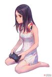  bare_shoulders barefoot black_hair controller copyright_request game_controller headphones headphones_around_neck jewelry krenz long_hair necklace red_eyes simple_background sitting skirt solo wariza white_background white_skirt 