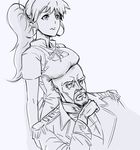  1girl aiguille_delaz apron bald bb_(baalbuddy) beard breast_rest breasts breasts_on_head crossover facial_hair gundam large_breasts long_hair military military_uniform monochrome non-web_source ponytail taneshima_popura uniform working!! 