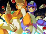 androgynous android back-to-back bad_id bad_pixiv_id blue_eyes blush clenched_teeth cloud cowboy_shot crashman drill eye_contact fang from_side gem green_eyes grin helmet holding_hands looking_at_another male_focus multiple_boys outdoors rockman rockman_(character) rockman_(classic) rockman_2 sexually_suggestive sky smile space standing star_(sky) starry_sky sweatdrop tears teeth uneven_eyes weapon zakki 