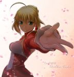  ahoge breasts character_name copyright_name dress fate/extra fate_(series) green_eyes hair_ribbon highres kokutou medium_breasts nero_claudius_(fate) nero_claudius_(fate)_(all) outstretched_hand ribbon solo 