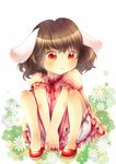  animal_ears bad_id bad_pixiv_id bloomers brown_hair bunny_ears dress floral_background inaba_tewi jitome orange_eyes ribbon-trimmed_clothes ribbon-trimmed_sleeves ribbon-trimmed_underwear ribbon_trim rira_fuuka short_hair sitting solo touhou underwear 