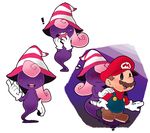  blush curly_hair facial_hair floating ghost-pepper gloves hair_over_eyes hat long_hair male male_focus mario multiple_boys mustache nintendo overalls paper_mario paper_mario_rpg pink_hair simple_background smile striped super_mario_bros. trap vivian white_gloves witch_hat 
