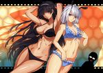  2girls antennae armpits arms_up bad_id bad_pixiv_id bikini black_hair blue_eyes breasts brown_eyes cleavage contrapposto covered_nipples dark_skin drooling frills glasses hair_tousle hairband honeycomb_(pattern) honeycomb_background large_breasts lips long_hair multiple_girls open_mouth original ryuuzaki_ichi saliva short_hair side-tie_bikini silhouette silver_hair smile standing swimsuit toned 