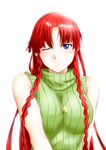  bare_shoulders blue_eyes braid green_shirt highres hong_meiling jewelry long_hair necklace niwatazumi no_hat no_headwear one_eye_closed red_hair ribbed_sweater shirt sleeveless sleeveless_turtleneck smile solo star sweater touhou turtleneck twin_braids 
