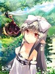  bare_shoulders black_hair blonde_hair bow breasts cleavage cloud day dress dungeon_and_fighter hair_bow leaf long_hair mage_(dungeon_and_fighter) medium_breasts mountain multiple_girls pointy_ears red_eyes sheltea signature silver_hair slit_pupils tree 