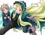  blue_eyes brown_hair gloves green_hair gun kaitou_tenshi_twin_angel kouzu_shou long_hair pink_eyes weapon 