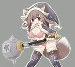  1girl animal_ears artist_request breasts brown_eyes brown_hair cleavage gray_background grey_background hammer hat midriff original pointed_hat ryokuchaism simple_background solo tail thighhighs weapon 