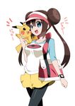  bad_id bad_pixiv_id bag black_legwear blue_eyes brown_hair double_bun gen_1_pokemon highres legwear_under_shorts long_hair mei_(pokemon) nanakusa_amane open_mouth pantyhose pikachu pointing poke_ball_print pokemon pokemon_(creature) pokemon_(game) pokemon_bw2 raglan_sleeves ribbon shorts shoulder_bag twintails visor_cap walking watch white_background wristwatch 