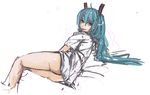  :p aqua_eyes aqua_hair ass bare_legs commentary english_commentary hatsune_miku long_hair lying naked_shirt off_shoulder on_side panties panties_(pantsu-pirate) shirt sketch solo teasing tongue tongue_out twintails underwear vocaloid 