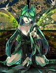  aqua_eyes aqua_hair breasts cleavage fangs fingernails fireflies highres horn insect_wings japanese_clothes long_hair medium_breasts my_little_pony my_little_pony_friendship_is_magic personification queen_chrysalis solo soukitsubasa wings 