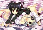  2girls :3 animal_ears ass barefoot black_hair catgirl cleavage fang fujima_takuya gray_hair nopan original panties purple_eyes red_eyes underwear 