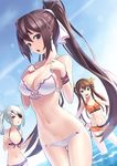  3girls bare_legs bare_shoulders bikini blue_sky brown_hair eyepatch huang_lingyin infinite_stratos k+ laura_bodewig long_hair midriff multiple_girls navel ocean ponytail red_eyes shinonono_houki sky swimsuit twintails water white_hair 