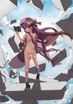  book bottomless bow cloud day flat_chest hair_bow hat highres jeno kneehighs long_hair nipples nude off_shoulder open_clothes patchouli_knowledge pee peeing purple_hair rock sky solo striped striped_legwear touhou vertical-striped_legwear vertical_stripes very_long_hair what 