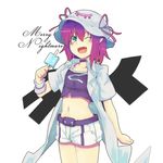  candy character_name choker fang food fujimako gradient_hair green_eyes hat highres lollipop merry_nightmare midriff multicolored_hair navel one_eye_closed open_mouth pink_hair pointy_ears purple_hair short_hair shorts solo yumekui_merry 