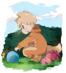  2019 animal_humanoid ball bandage blonde_hair canine canine_humanoid child clothed clothing cloud crouching dog_humanoid flower grass green_eyes hair humanoid legwear male mammal onesie outside plant sky socks solo thebrushking young 