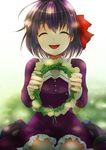  ^_^ child closed_eyes dress fate/zero fate_(series) hair_ribbon highres kneeling matou_sakura purple_hair ribbon short_hair solo wreath yagisuke younger 