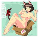  1girl animal_ears barefoot bell bokuman breasts brown_hair cat_ears cat_tail choquecota feet female green_eyes large_breasts legs lips nipples nude original short_hair solo tail thighs toes 