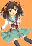  bad_id bad_pixiv_id brown_eyes brown_hair dai_(uhyoko1102151) hair_ribbon hairband kita_high_school_uniform orange_background orange_hairband ribbon school_uniform serafuku short_hair solo suzumiya_haruhi suzumiya_haruhi_no_yuuutsu thighhighs zettai_ryouiki 