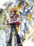  3boys absurdres ari_(amway) card duel_disk duel_monster elemental_hero_neos highres holding holding_card male male_focus monster multiple_boys open_mouth pile_of_cards rainbow_neos slifer_red_uniform wings yu-gi-oh! yugioh_gx yuki_judai yuu-gi-ou_(card) yuu-gi-ou_gx yuuki_juudai 