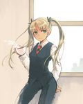  blonde_hair blue_eyes business_suit cup formal gunslinger_girl hair_ribbon long_hair necktie ribbon shiina_aya solo suit triela twintails vest 