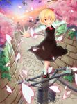  balancing black_dress blonde_hair cherry_blossoms cloud dress dutch_angle hair_ribbon highres hundun_yinzi mary_janes on_top_of_pole outstretched_arms pavement perspective petals plant red_eyes ribbon road rumia shoes solo spread_arms street sunset telephone_pole touhou transformer tree vanishing_point vines wall white_legwear 