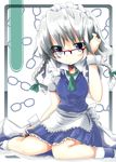  apron ascot bad_id bad_pixiv_id bespectacled blue_eyes blue_skirt braid glasses hair_ribbon hand_in_hair ishimori_sakana izayoi_sakuya maid maid_headdress ribbon silver_hair sitting skirt solo touhou twin_braids waist_apron wariza wrist_cuffs 