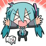  &gt;_&lt; :d aqua_hair blush chibi chibi_miku closed_eyes detached_sleeves dog hair_ribbon hamo_(dog) hatsune_miku headphones minami_(colorful_palette) necktie open_mouth outstretched_arms ribbon shirt skirt smile twintails vocaloid xd 