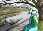  3girls backpack bag bare_tree blue_hair from_behind hair_bobbles hair_ornament hat inugami_akito kawashiro_nitori multiple_girls path river riverbank road short_hair touhou tree two_side_up water 