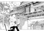  animal_ears architecture building capelet dowsing_rod east_asian_architecture from_behind greyscale hidori_(hibi_toridori) lantern monochrome mouse_ears nazrin paper_lantern rope shimenawa short_hair solo temple touhou tree upper_body 