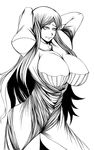  1girl arms_behind_head breasts curvy dress female hands_behind_head hikora huge_breasts long_hair long_skirt monochrome simple_background skirt solo standing thighs white_background 