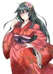  atoshi bad_id bad_pixiv_id black_hair blush flower frown hair_flower hair_ornament hand_on_hip japanese_clothes kimono long_hair purple_eyes reki-dama solo white_background 