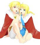  1girl ahoge alternate_costume alternate_hairstyle artoria_pendragon_(all) bad_id bad_pixiv_id barefoot blonde_hair blue_eyes braid cape casual dress fate/stay_night fate_(series) gilgamesh jewelry necklace one_eye_closed saber saifu_(sisutakh) single_braid 