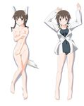  animal_ears bare_legs blush breasts brown_eyes brown_hair highres large_breasts nipples nude school_swimsuit short_hair solo strike_witches swimsuit swimsuit_under_clothes tail takasugi_rinko takei_junko uniform wolf_ears world_witches_series 
